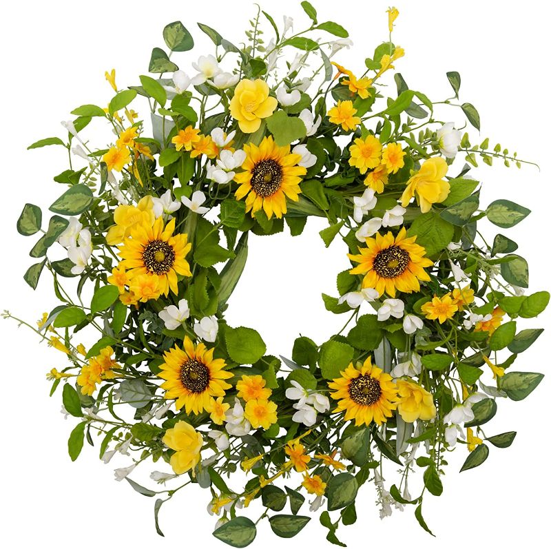 Photo 1 of VGIA 20 inch Spring Wreath for Front Door Artificial Sunflower Wreath with Green Leaves Summer Wreath with Silk Flowers for Wall Window Farmhouse Home Decor
