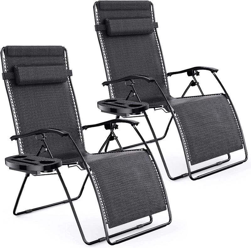 Photo 1 of Keten Zero Gravity Chair, Patio Folding Lounge Chair Recliners, Adjustable Lawn Lounge Chair with Pillows Replacement Cords Cup Holders for Backyard Poolside Beach 
