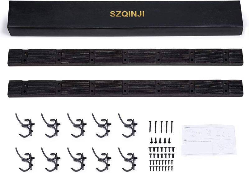 Photo 2 of SZQINJI Coat Rack Hooks Wall Hanger Made of Solid Wood with 7 Double Duty Metal Hooks for Bedroom Bathroom Entryway Wall Mounting 31.61 in Pack of 2 Weathered Black
