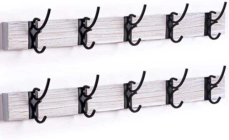 Photo 1 of SZQINJI Coat Rack Hooks Wall Hanger Made of Solid Wood with 7 Double Duty Metal Hooks for Bedroom Bathroom Entryway Wall Mounting 31.61 in Pack of 2 Weathered Black
