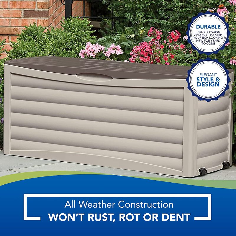 Photo 2 of Suncast Resin 103-Gallon Large Storage Box with Wheels-Outdoor Bin for Gardening Tools, Seat Cushions, and Other Accessories, Store Items on Deck, Patio, Backyard, Taupe
