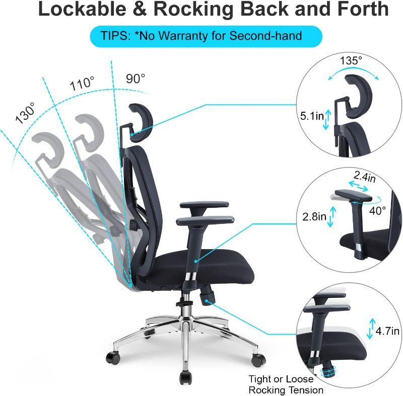 Photo 2 of Ticova Ergonomic Office Chair - High Back Desk Chair with Adjustable Lumbar Support, Headrest & 3D Metal Armrest - 130° Rocking Mesh Computer Chair

