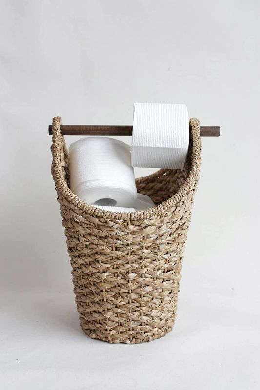 Photo 2 of Creative Co-Op Bankuan Braided Oval Toilet Paper Wood Bar Bathroom Basket, Natural
