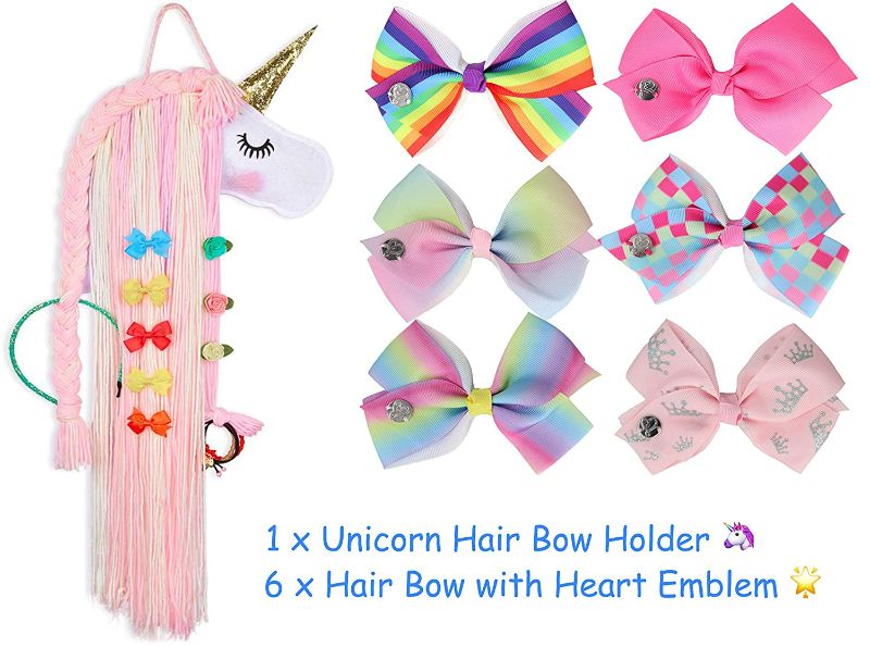 Photo 2 of Unicorn Hair Bow Holder Organizer for Girls with JOJO Bows, Hair Clips Storage Organizer Bow Hanger Home Décor for Girls Room & 5 inch Large Rainbow Grosgrain Ribbon (Pink)
