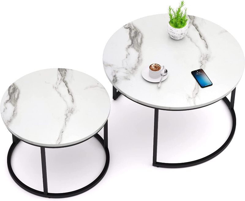 Photo 1 of Smuxee White Nesting Coffee Table Set of 2, 31.5" Round Coffee Table Wooden Marble Pattern with Adjustable Non-Slip Feet, Industrial End Table for Living Room Bedroom Balcony 