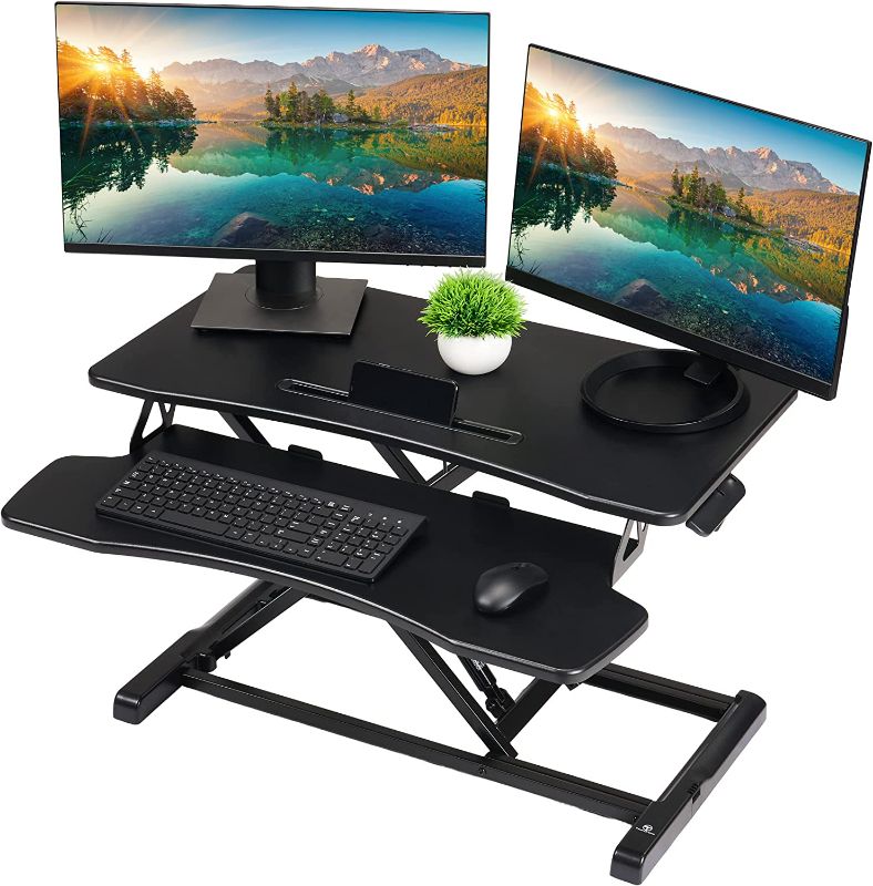 Photo 1 of TechOrbits Standing Desk Converter - 32 Inch Adjustable Sit to Stand Up Desk Workstation, MDF Wood, Ergonomic Desk Riser with Keyboard Tray, Desktop Riser for Home Office Computer Laptop