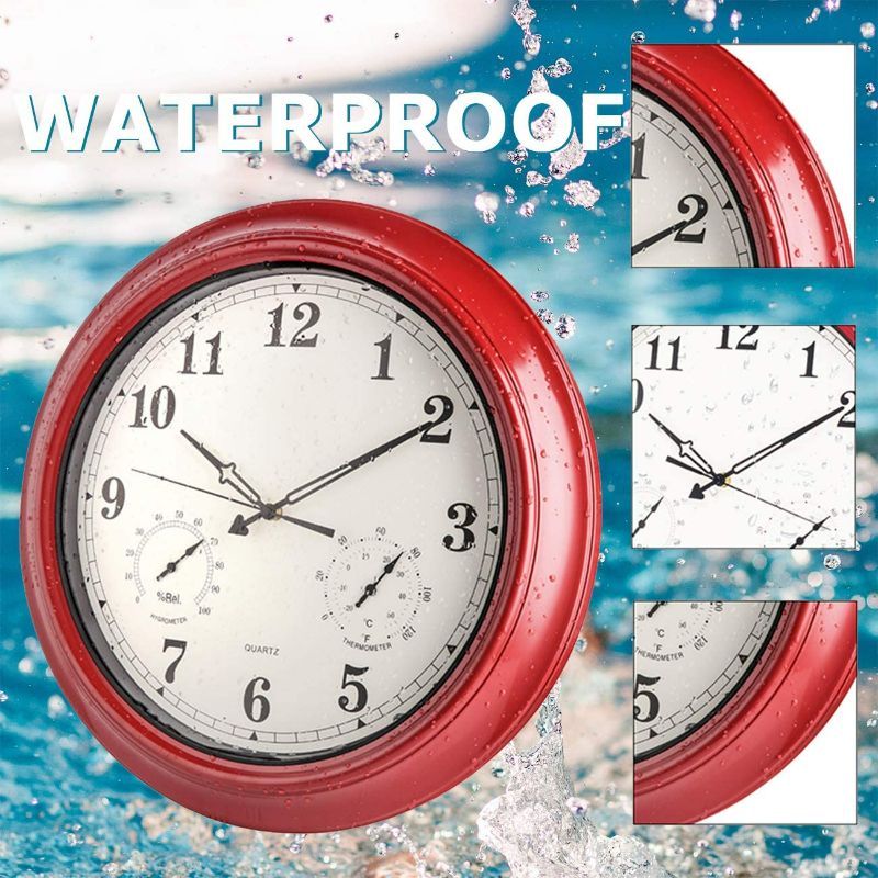 Photo 3 of BEW Large Outdoor Clock for Patio, Waterproof Thermometer Hygrometer Combo Outdoor Clock, Silent Battery Operated Wall Clock for Pool, Balcony, Fence, Porch (18-Inch, Empire Red)