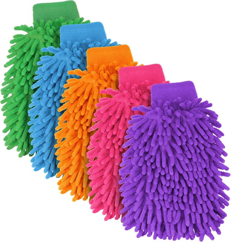 Photo 1 of BBTO 5 Pieces Car Wash Mitts Chenille Microfiber Wash Glove Double Sided Scratch-Free Wash Mitt, 5 Colors
