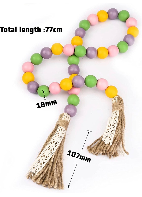 Photo 2 of YEHUONU Wood Bead Garland Set with Tassels, Prayer Beads Farmhouse Beads Wall Hanging Decoration with 2 Pcs Transparent Adhesive Hooks (Pink/Purple/Green/Yellow)