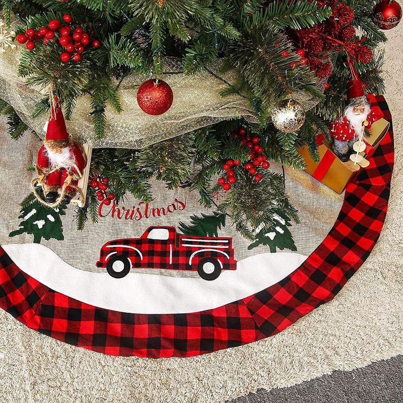 Photo 1 of Christmas Tree Skirt, 48 inch Red Truck Christmas Tree Skirt with Buffalo Plaid Edge Tree Decorations for Christmas Holiday Party