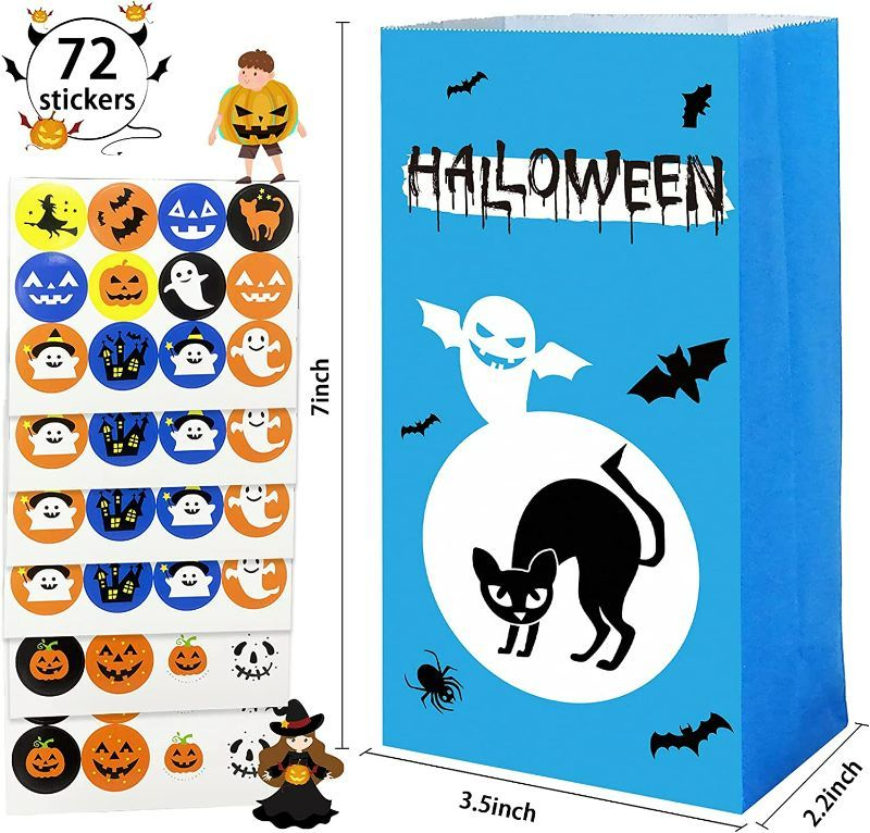 Photo 2 of Halloween Treats Bags Party Favors - 54 Pcs Kids Halloween Candy Bags for Trick or Treating + 72 Pcs Halloween Stickers, Mini Paper Gift Bags for Treats Snacks, Halloween Goodie Bags Party Supplies