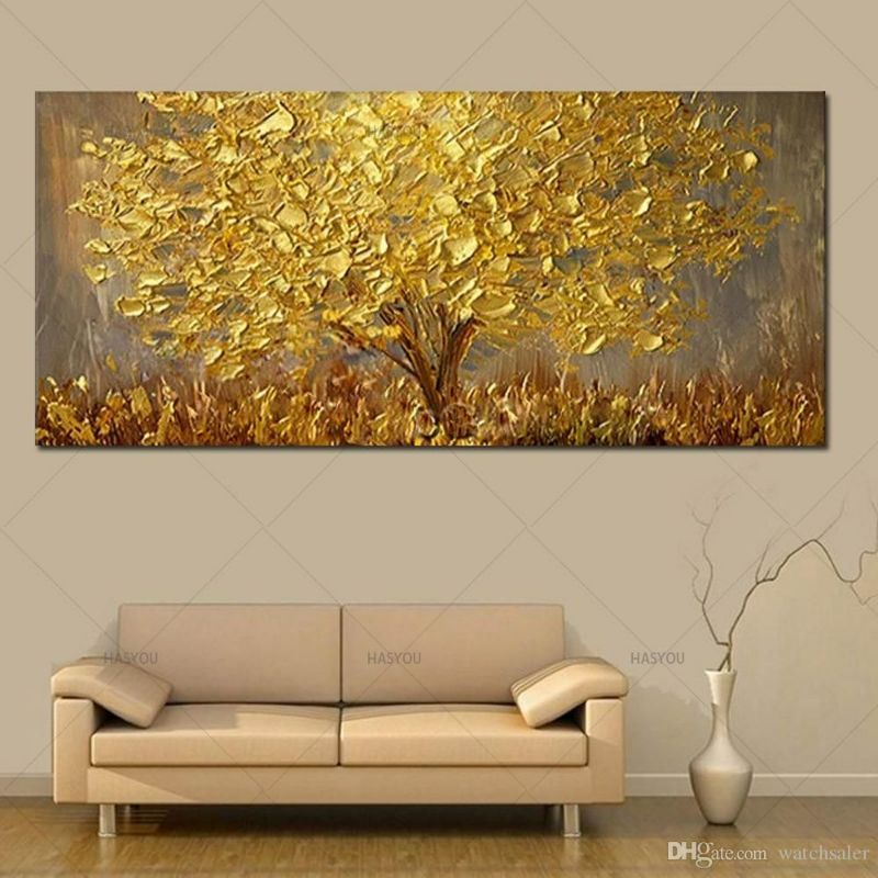 Photo 1 of Unframed Hand Painted Knife Gold Tree Oil Painting On Canvas Large Palette 3D Painting 24X48