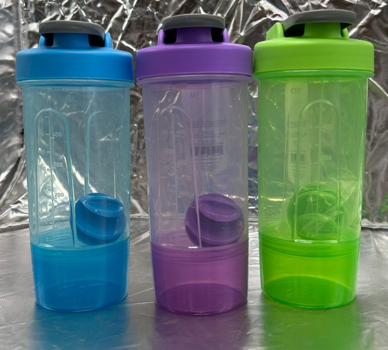 Photo 1 of GLAD 20oz BLENDER SHAKER BOTTLE WITH STORAGE CONTAINER - 3 PACK (1 BLUE, 1 GREEN, 1 PURPLE)
