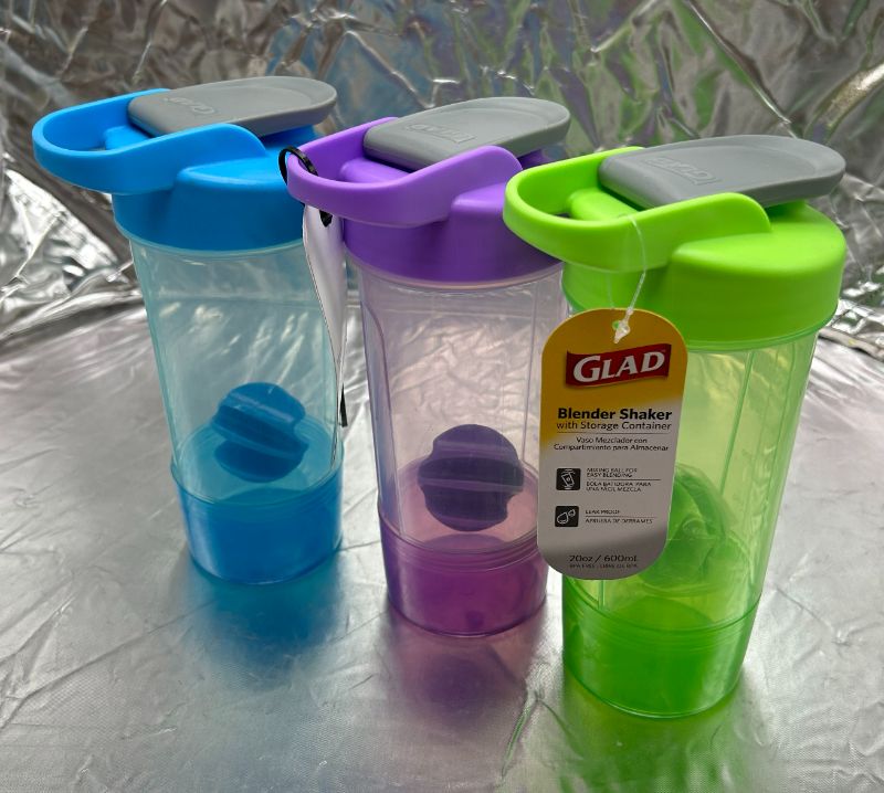Photo 2 of GLAD 20oz BLENDER SHAKER BOTTLE WITH STORAGE CONTAINER - 3 PACK (1 BLUE, 1 GREEN, 1 PURPLE)