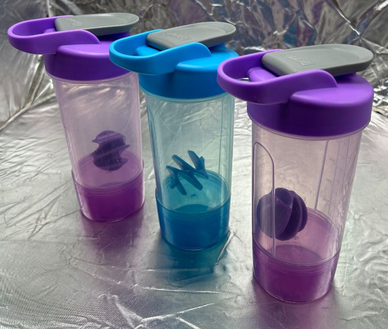 Photo 2 of GLAD 20oz BLENDER SHAKER BOTTLE WITH STORAGE CONTAINER - 3 PACK (2 PURPLE, 1 BLUE)