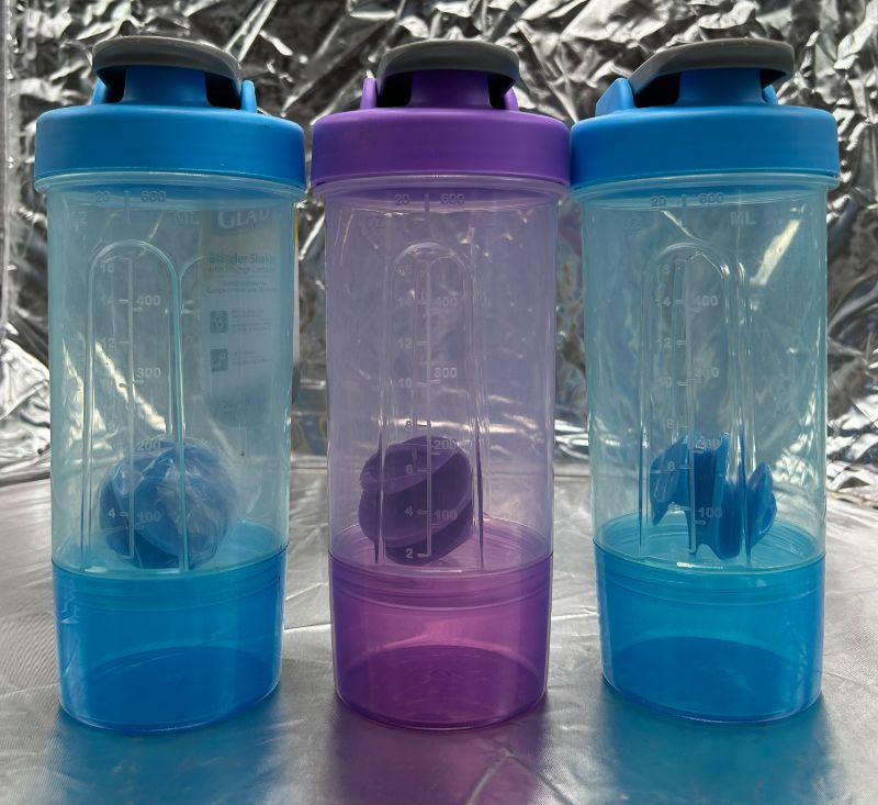 Photo 1 of GLAD 20oz BLENDER SHAKER BOTTLE WITH STORAGE CONTAINER - 3 PACK (1 PURPLE, 2 BLUE)