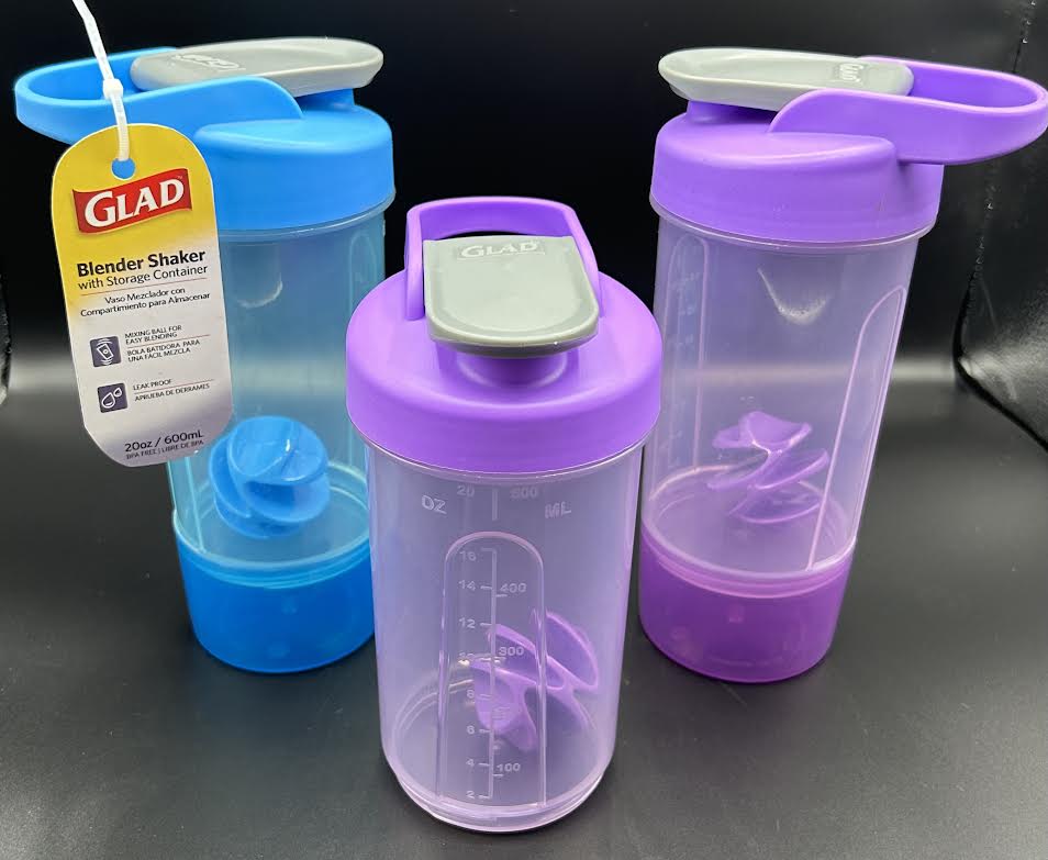 Photo 1 of GLAD 20oz BLENDER SHAKER BOTTLE WITH STORAGE CONTAINER  - 3 PACK (1 BLUE, 2 PURPLE)