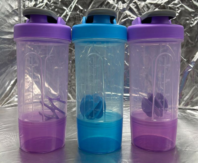 Photo 1 of GLAD 20oz BLENDER SHAKER BOTTLE WITH STORAGE CONTAINER  - 3 PACK (1 BLUE, 2 PURPLE)