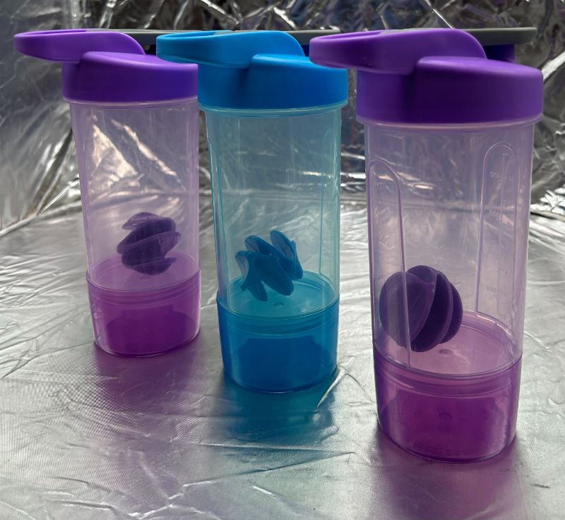 Photo 2 of GLAD 20oz BLENDER SHAKER BOTTLE WITH STORAGE CONTAINER  - 3 PACK (1 BLUE, 2 PURPLE)