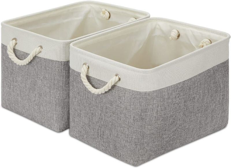 Photo 1 of WLFRHD Storage Baskets for Organizing 16x12x12 Large Fabric Storage Baskets Bins Set of 2 Collapsible Decorative Storage Bins for Shelves Closet Nursery Toy Home Clothes (White And Grey)