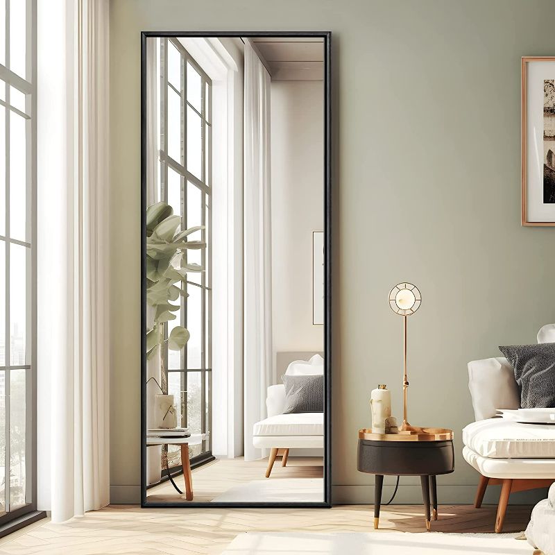 Photo 2 of Full Length Mirror Floor Mirror with Standing Holder Bedroom/Locker Room Standing/Hanging Mirror Dressing Mirror Wall-Mounted Mirror (Elegant Black) - 71.5" x 31.5"