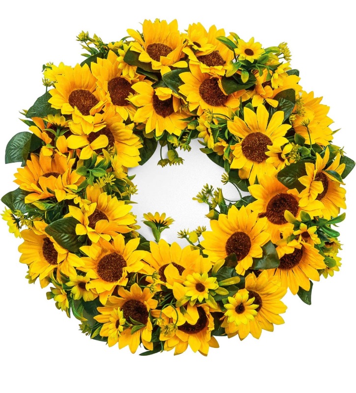 Photo 1 of Hoomall Sunflower Wreath, Spring Wreath for Front Door, Hanging Artificial Wreath Front Door Home Party Festivals Indoor Outdoor Decoration Summer 13-14Inch Wreath (Yellow-Sunflower)