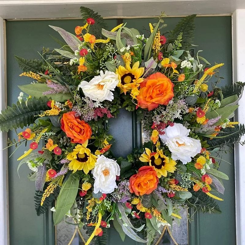 Photo 1 of LAVERNE'S FLOWER 24” Large Fall Wreath for Front Door Yellow Flower with Fruits Grasses Leaves Halloween Wreath Artificial Lifelike Decorative Wreaths Farmhouse Wreath for Festival Outdoor Indoor