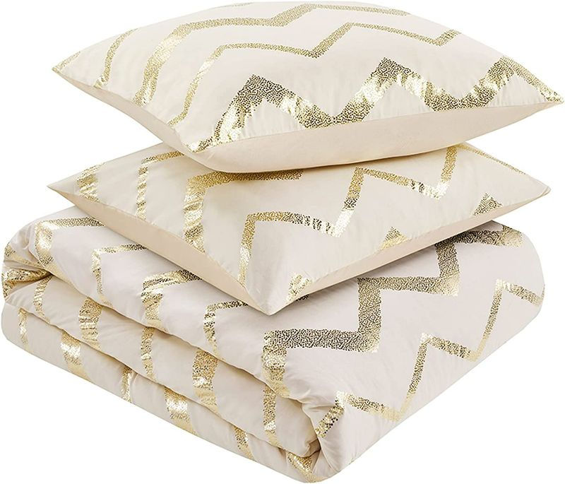 Photo 1 of Codi Cream White and Gold Comforter Set for Full/Queen Size Bed, Cute Metallic Ivory Bed Sets, 4 Piece (2 Matching Shams + 1 Decorative Pillow)