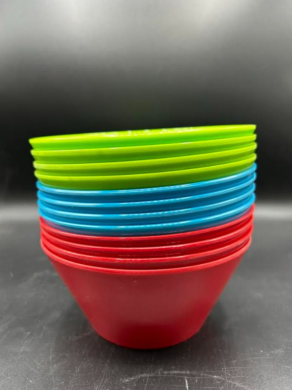 Photo 1 of PLASTIC BOWLS - 12CT - 4 RED, 4 BLUE AND 4 GREEN