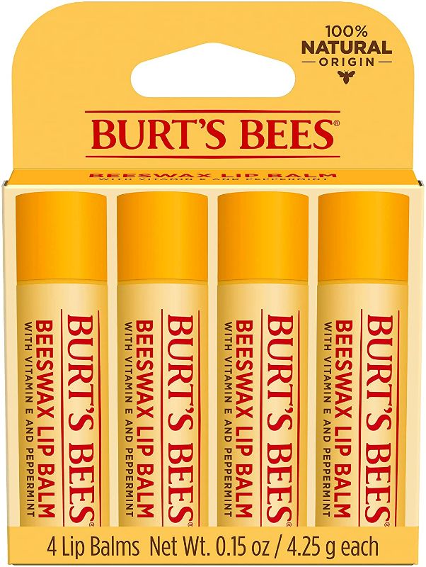 Photo 1 of Burt's Bees, Moisturizing Lip Care, for All Day Hydration, 100% Natural, Original Beeswax with Vitamin E & Peppermint Oil (4 Pack)
