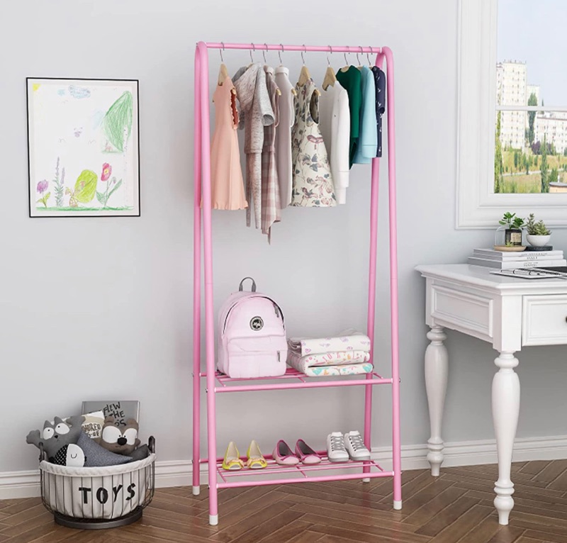 Photo 2 of Cokosoxo Clothing Garment Rack, Heavy Duty Portable Metal Clothes Rack with Shelves, Small Coat Rack for Bedroom Entryway, Pink C-PINK-AO1