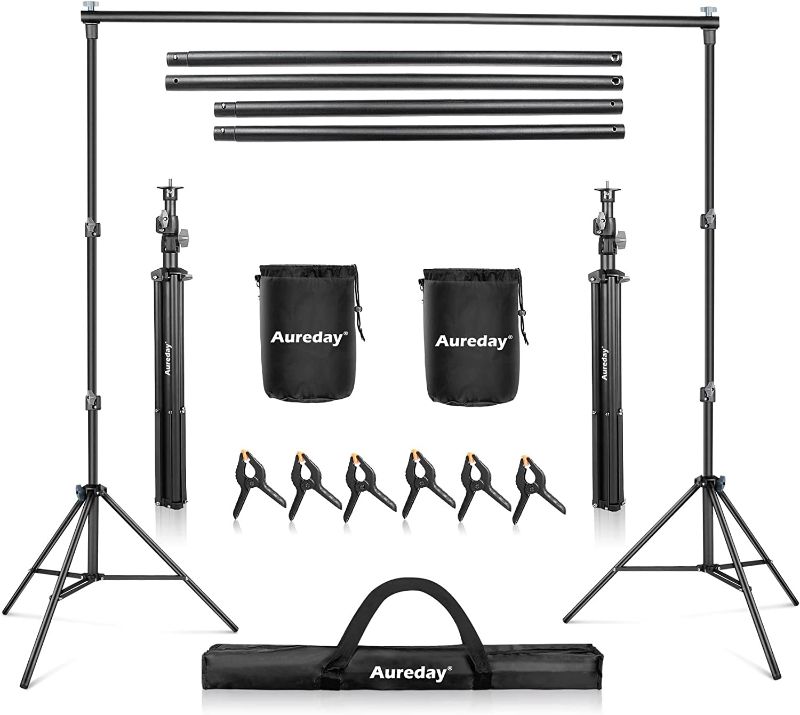 Photo 1 of Aureday Backdrop Stand, 7x10Ft Adjustable Photo Backdrop Stand Kit with 4 Crossbars, 6 Background Clamps, 2 Sandbags, and Carrying Bag for Parties/Wedding/Photography/Festival Decoration
