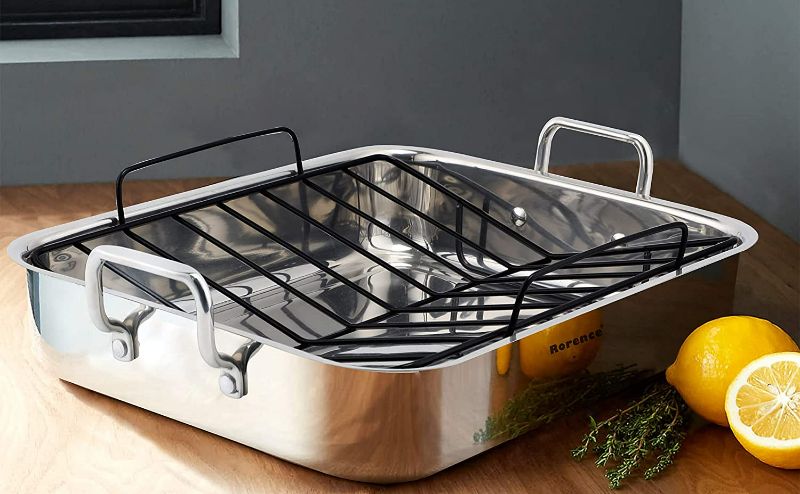 Photo 2 of Rorence Roasting Pan with Rack: 16-Inch Stainless Steel Rectangular Turkey Roaster pan with Nonstick V-Shaped Rack for Thanksgiving Christmas – Set of 5
