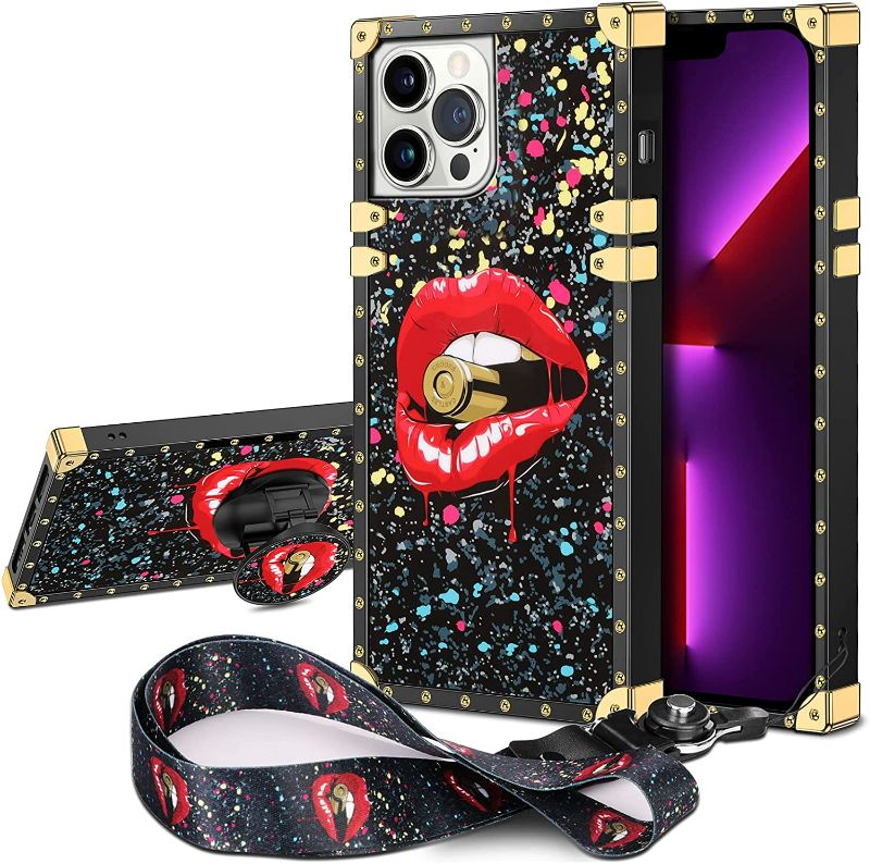 Photo 1 of JAKPDE for iPhone 13 Pro Case with Kickstand Cute Cover for Girls Women TPU Luxury Case with Lanyard Shockproof Protective Heavy Duty Case Compatible with iPhone 13 Pro 6.1 inches Lip Black