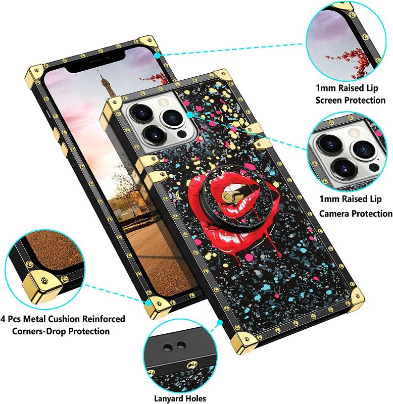 Photo 4 of JAKPDE for iPhone 13 Pro Case with Kickstand Cute Cover for Girls Women TPU Luxury Case with Lanyard Shockproof Protective Heavy Duty Case Compatible with iPhone 13 Pro 6.1 inches Lip Black