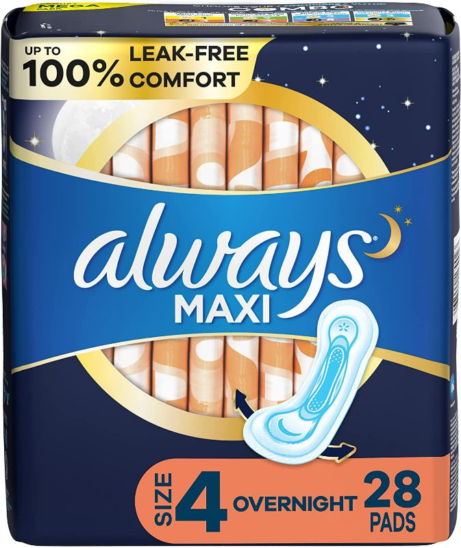 Photo 1 of Always Maxi Feminine Pads For Women, Size 4 Overnight Absorbency, Without Wings, Unscented, 28 Count