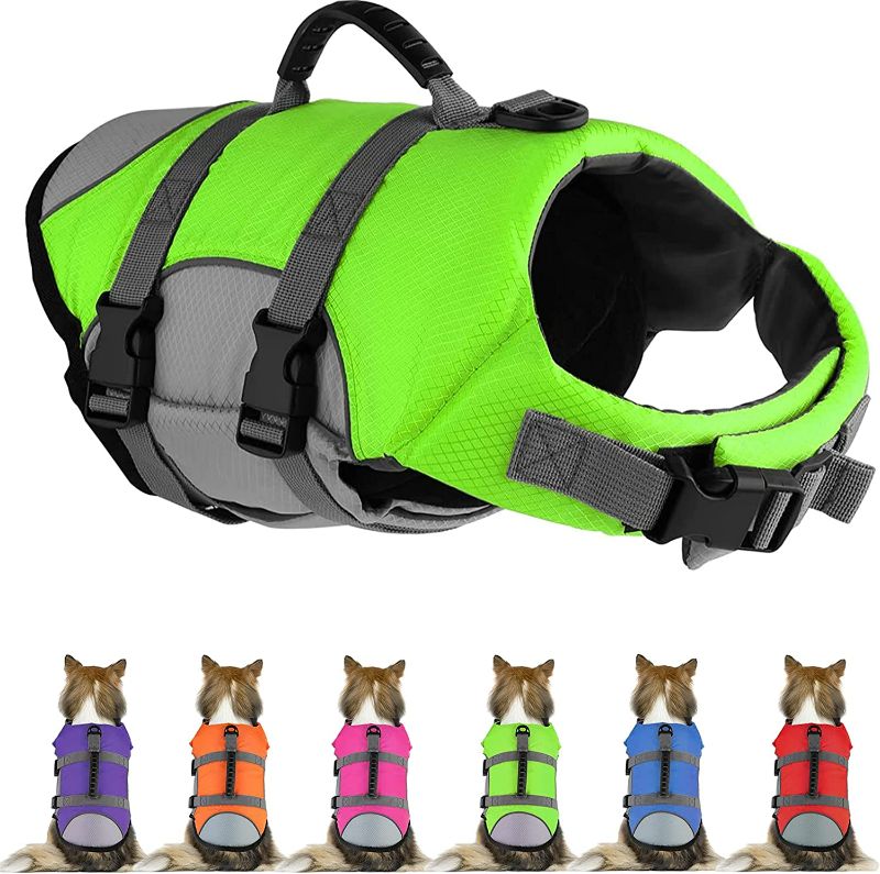 Photo 1 of Dog Life Jacket, Reflective & Adjustable Dog Life Vest with Rescue Handle for Swimming and Boating, Ripstop Pet Safety Life Preserver for Small, Medium and Large Dogs (Size Medium)