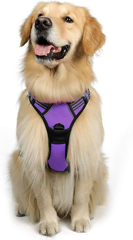 Photo 1 of  Dog Harness, No-Pull Pet Harness with 2 Leash Clips, Adjustable Soft Padded Dog Vest, Reflective No-Choke Pet Oxford Vest with Easy Control Handle for Large Dogs, Purple, L