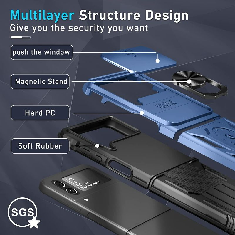 Photo 1 of Janmitta Samsung Galaxy Z Flip 4 Case Built in Slide Camera Lens Cover+Hinge Protection+Finger Ring Stable Kickstand, Heavy Duty Shockproof Full Body Protective Phone Cover,2022 Blue
