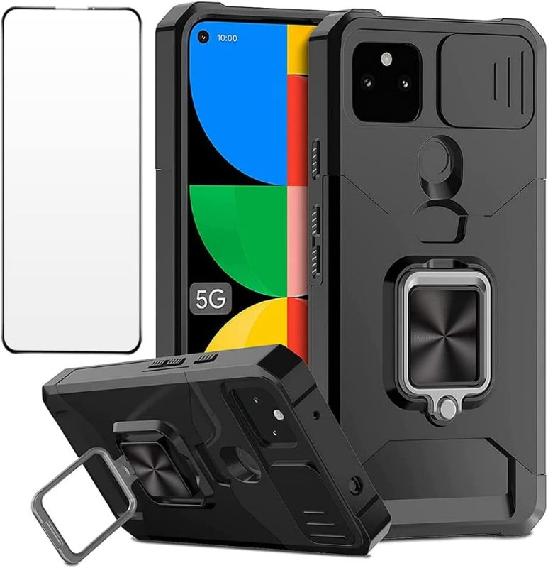 Photo 1 of LeYi for Pixel 5A Case, Pixel 5A 5G Case with Tempered Glass Screen Protector [2Pcs] for Women Men, Shockproof [Military-Grade] Phone Cover Case with Ring Kickstand for Google Pixel 5A, Black