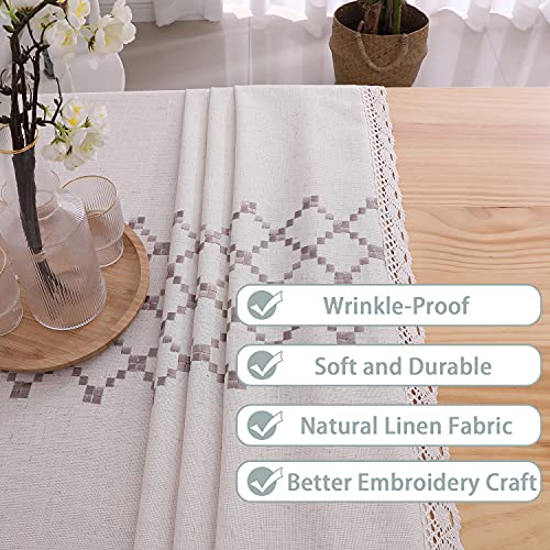 Photo 2 of Benedeco Cotton Linen Boho Tablecloths Rectangle for Farmhouse Kitchen Dining, Table Cover Washable Dust-Proof Wrinkle Free Table Cloth Oblong 55 x 120 Inch, Beige, Square Coffee Pattern Embroidery see photo is a little different with BLUE