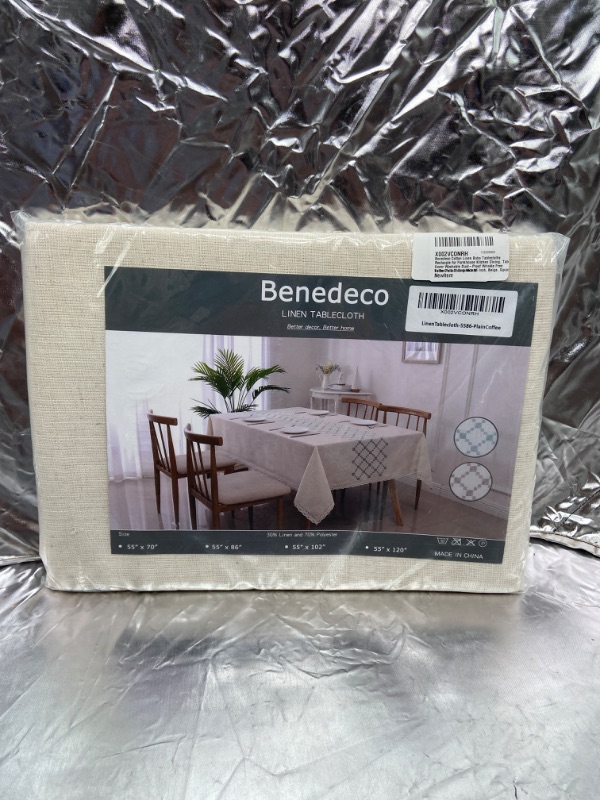 Photo 3 of Benedeco Cotton Linen Boho Tablecloths Rectangle for Farmhouse Kitchen Dining, Table Cover Washable Dust-Proof Wrinkle Free Table Cloth Oblong 55 x 120 Inch, Beige, Square Coffee Pattern Embroidery see photo is a little different with BLUE