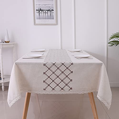 Photo 1 of Benedeco Cotton Linen Boho Tablecloths Rectangle for Farmhouse Kitchen Dining, Table Cover Washable Dust-Proof Wrinkle Free Table Cloth Oblong 55 x 120 Inch, Beige, Square Coffee Pattern Embroidery see photo is a little different with BLUE