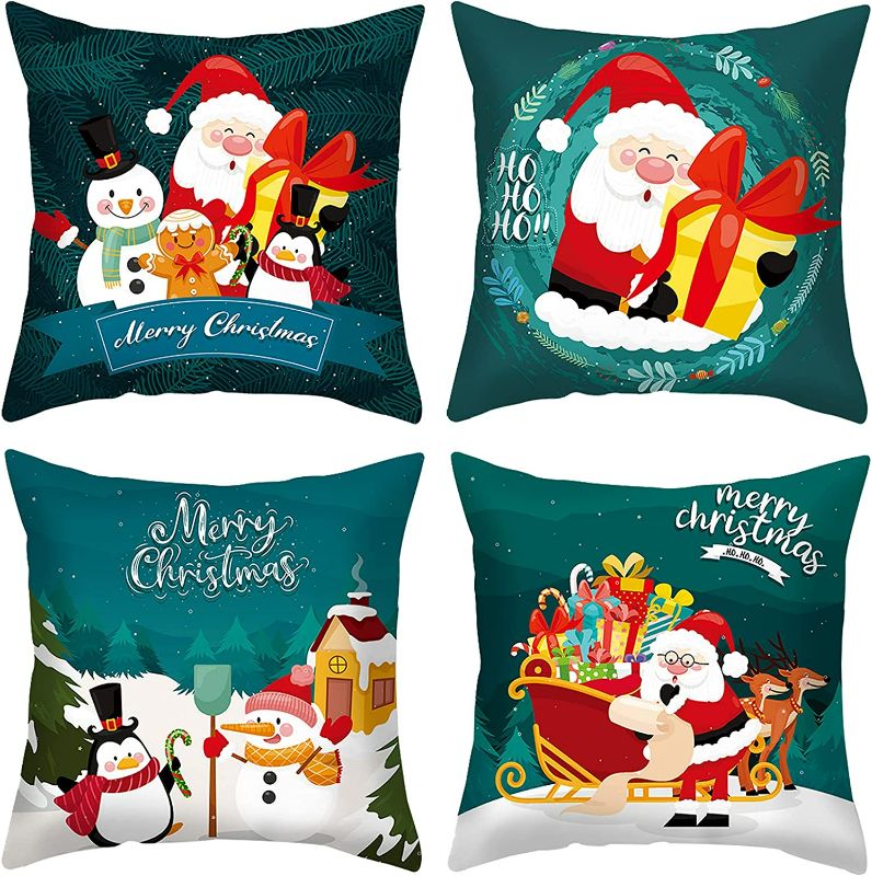 Photo 1 of  Christmas Decorations Pillow Covers 18 x 18 Inch Xmas Series Winter Santa Claus Snowman Cushion Case for Sofa Car Set of 4, Blue
