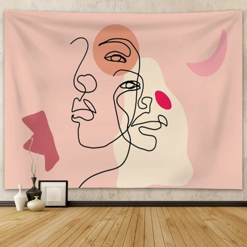 Photo 1 of  Pink Minimalist Line Art Tapestry for Bedroom Abstract Aesthetic Tapestry Wall Hanging Woman Face Wall Tapestry Mid Century Modern Tapestry for Living Room Decoration
