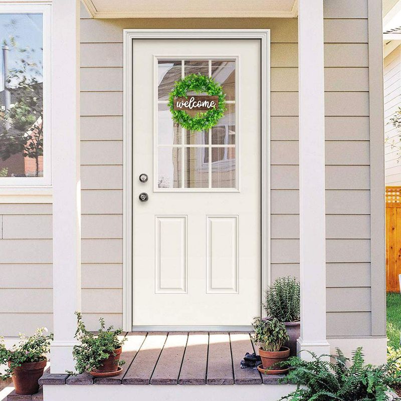 Photo 2 of  Artificial Boxwood Wreath - 18" Welcome Wreath with Wooden Welcome Sign and White Flower Green Wreath for Front Door Window Home Decoration
