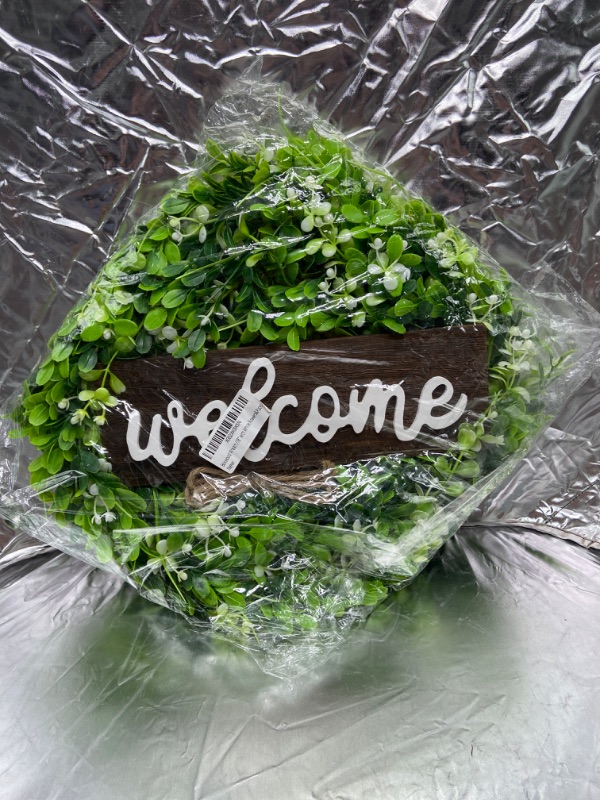 Photo 3 of  Artificial Boxwood Wreath - 18" Welcome Wreath with Wooden Welcome Sign and White Flower Green Wreath for Front Door Window Home Decoration
