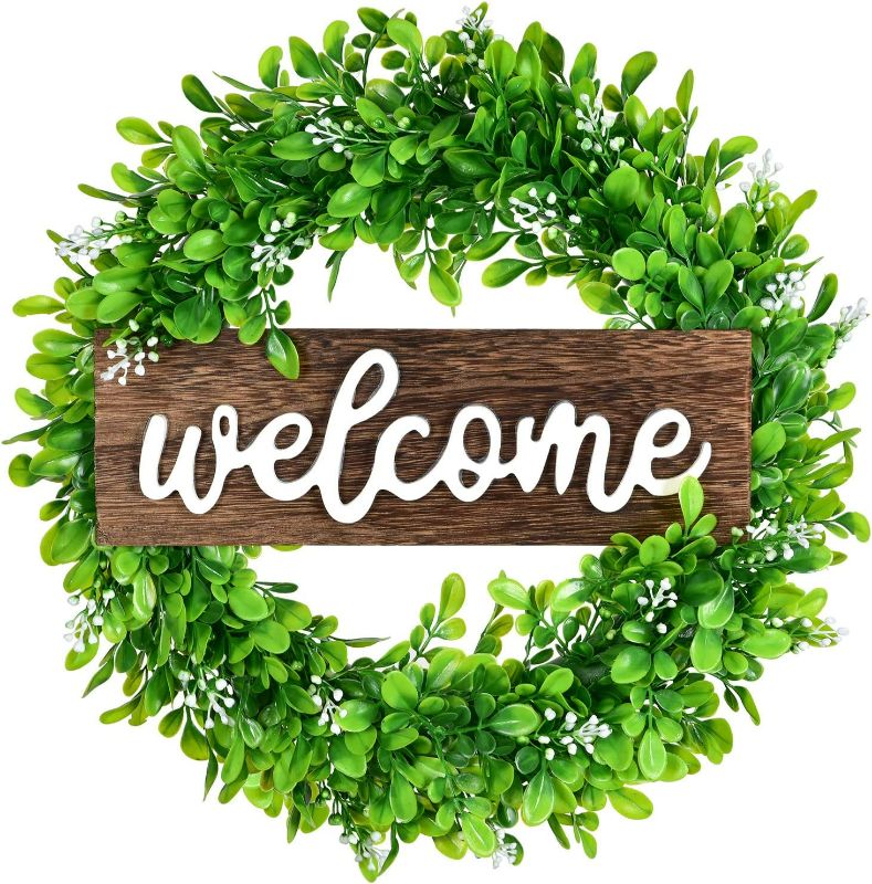 Photo 1 of  Artificial Boxwood Wreath - 18" Welcome Wreath with Wooden Welcome Sign and White Flower Green Wreath for Front Door Window Home Decoration

