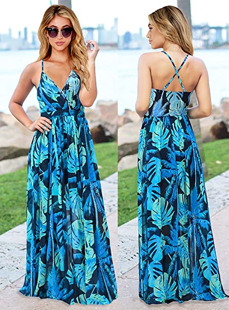 Photo 2 of Women's Summer Deep V-Neck Casual Dress Beach Floral Long Maxi Dress Party Style1blue 4-6 size medium 