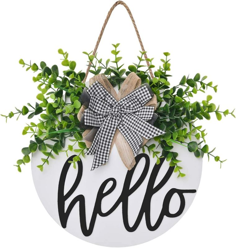 Photo 1 of Welcome Sign Hello Front Door Round Wood Sign Hanging Welcome Sign for Farmhouse porch Spring Welcome Sign Front Door Decoration (brown board hello) SEE PHOTO DIFFERENT THEN STOCK
